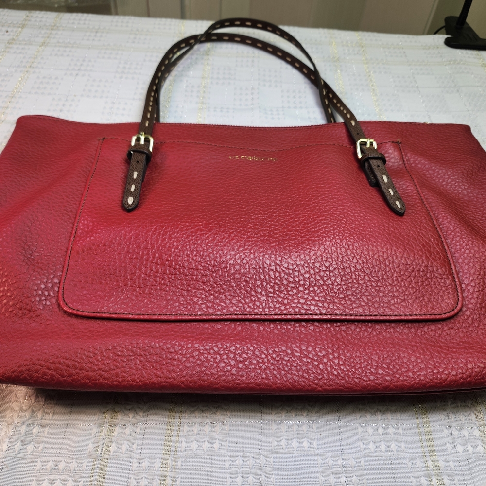Liz Claiborne Red Pebbled Leather Tote with Brown Straps